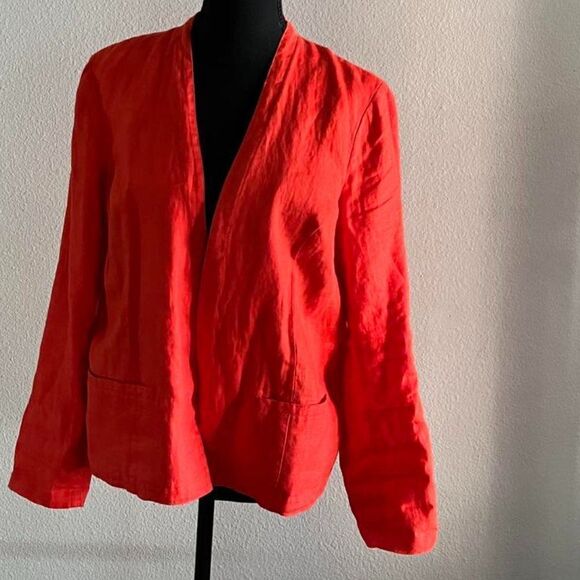 TAHARI Bright red V-neck linen jacket open front size M - Picture 1 of 11